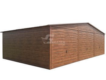 Blechgarage 9x6m - 3x Schwingtor - Tür - Holzoptik - Satteldach ID793