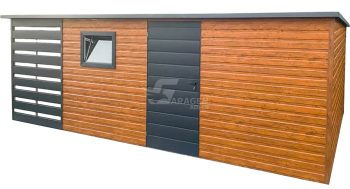 Gartenhaus - Gartenschuppen 5x3,5m + Überdachung 1,5m - Tür - PVC Kippfenster - Holzopitk - Anthrazit - Flachdach | ID783 |