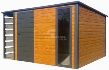 Gartenhaus - Gartenschuppen 3,5x3m + Überdachung 0,7m - Tür - PVC Kippfenster - Holzoptik - Anthrazit - Flachdach | GP607 |