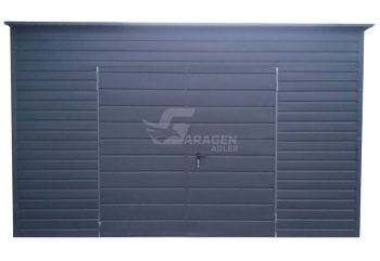 Blechgarage 4x5m - Zweiflügeliges Tor - 2x PVC Kippfenster - Anthrazit - Dachrinnen - Flachdach ID759