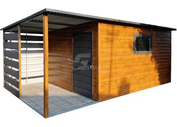 Gartenhaus - Gartenschuppen 3,5x3m + Überdachung 2m - Tür - PVC Kippfenster - Helles Walnussholz - Holzoptik - Anthrazit - Flachdach | ID756 |