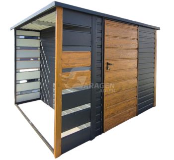 Gartenhaus - Gartenschuppen 2x2m + Überdachung 0,6m - Tür - PVC Kippfenster - Holzoptik - Anthrazit - Flachdach | GP606 |