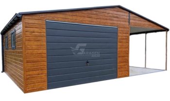 Blechgarage 5x6m + Überdachung 4m - Schwingtor - Tür - 3x PVC Kippfenster - Helles Walnussholz - Holzoptik - Anthrazit - Dachrinnen - Satteldach ID758