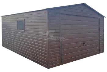 Blechgarage 4x5m - Schwingtor - Tür - PVC Kippfenster - Dunkles Walnussholz - Holzoptik - Satteldach ID757