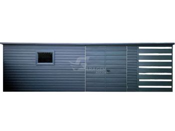 Gartenhaus - Gartenschuppen 6,5x2,5m + Überdachung 1,5m - Zweiflügeliges Tor - PVC Kippfenster - Anthrazit - Flachdach ID720