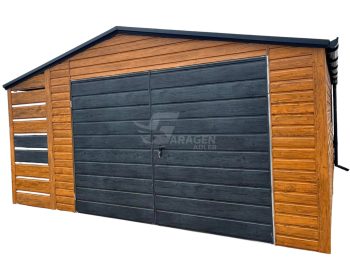 Blechgarage 4x6m + Überdachung 1m - Zweiflügeliges Tor - PVC Kippfenster - Dachrinnen - Helles Walnussholz - Norwegische Kiefer - Holzoptik - Satteldach | ID711 |