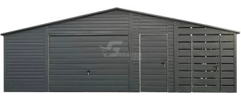 Blechgarage 6x5m + Überdachung 2m - 2x Schwingtor - 2x Tür - Dachrinnen - Anthrazit - Satteldach ID710