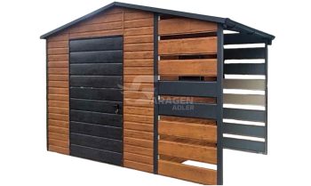 Gartenhaus - Gartenschuppen 2x2m + Überdachung 1m - 2x PVC Kippfenster - Tür - Helles Walnussholz - Holzoptik - Satteldach  | ID717 |