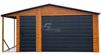 Blechgarage 4,5x5m + Überdachung 1m - Schwingtor - Dachrinnen - Helles Walnussholz - Satteldach | ID712 |