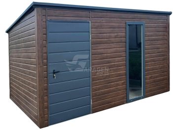 Gartenhaus - Gartenschuppen 3,5x2,5m - Tür - PVC Kippfenster- Dunkles Walnussholz - Holzoptik - Flachdach | ID702 |