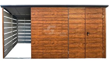 Gartenhaus - Gartenschuppen 3x2,5m + Überdachung 1,5m - Zweiflügeliges Tor - Helles Walnussholz - Holzoptik - Flachdach | ID705 |