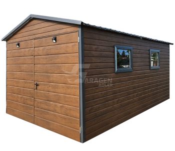 Blechgarage 3x5m - Zweiflügeliges Tor - 2x PVC Kippfenster - Metalldachziegel - Dunkles Walnussholz - Holzoptik - Satteldach | ID709 |