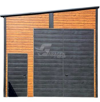 Blechgarage - Halle - 4x8m - Zweiflügeliges Tor - 2x Tür - Anthrazit - Helles Walnussholz - Holzoptik -  Dach mit seitlichem Gefälle | ID706 |