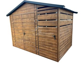 Gartenhaus - Gartenschuppen 2,5x2m + Überdachung 1m - Tür - Zweiflügeliges Tor - Helles Walnussholz - Holzoptik - Satteldach | ID703 |