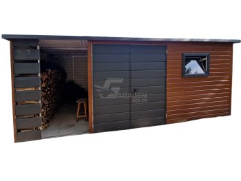 Gartenhaus - Gartenschuppen 3,5x3m + Überdachung 1,5m - Zweiflügeliges Tor - PVC Kippfenster - Dunkles Walnussholz - Holzoptik - Flachdach | ID701 |