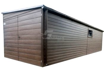 Blechgarage 3x9m - Zweiflügeliges Tor - Tür - 2x PVC Kippfenster - Dunkles Walnussholz - Holzoptik - Dachrinnen - Dach mit seitlichem Gefälle ID697