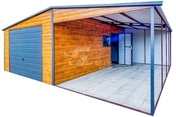 Blechgarage 4x6m + Überdachung 4x6m - Schwingtor - PVC Kippfenster - Tür - Helles Walnussholz - Holzoptik - Anthrazit - Satteldach GP431