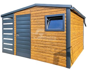 Gartenhaus - Gartenschuppen 3x2,5m + Überdachung 1m - Tür - PVC Kippfenster - Helles Walnussholz - Holzoptik - Anthrazit - Satteldach | GP427 |