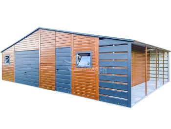 Blechgarage 8,5x6m + Überdachung 1,5m - Schwingtor - Tür - 3x PVC Kippfenster - Helles Walnussholz - Holzoptik - Anthrazit - Satteldach ID683