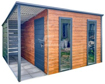 Gartenhaus - Gartenschuppen 2,7x3m + Überdachung 1m - Tür - 2x PVC Kippfenster - Helles Walnussholz - Holzoptik - Anthrazit - Flachdach | ID686 |