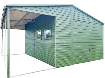 Blechgarage 4x6m + Überdachung 2m - Schwingtor - Tür - 2x PVC Kippfenster - Grün - Dachrinnen - Satteldach ID676