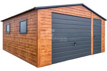 Blechgarage 5x5m - Schwingtor - Tür - 2x PVC Kippfenster - Anthrazit - Helles Walnussholz - Holzoptik - Satteldach | ID679 |