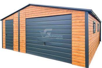 Blechgarage 6x6m - Schwingtor - Tür - 3x PVC Kippfenster - Helles Walnussholz - Holzoptik - Anthrazit - Dachrinnen - Satteldach | ID681 |