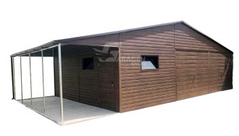 Blechgarage 9x6m + Überdachung 3m x 6m - Holzoptik -  Satteldach GP135