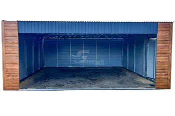 Carport - Blechgarage 6x5,8m - Tür - Anthrazit - Helles Walnussholz - Holzoptik - Flachdach ID673