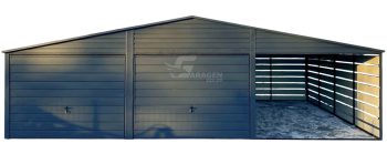 Blechgarage 6x6m + Überdachung 3m - 2x Schwingtor - Tür - Anthrazit - Satteldach | GP597 |