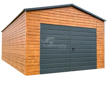 Blechgarage 4,5x6m - Zweiflügeliges Tor - Tür - Helles Walnussholz - Holzoptik - Dachrinnen -  Satteldach | ID664 |