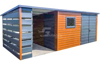 Gartenhaus - Gartenschuppen 4x3m + Überdachung 3m - Zweiflügeliges Tor - Tür - PVC Kippfenster - Helles Walnussholz - Holzoptik - Anthrazit - Flachdach | ID662 |