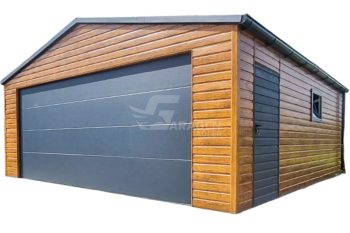 Blechgarage 6,5x6m - Sektionaltor - Tür - PVC Kippfenster - Helles Walnussholz - Holzoptik - Anthrazit - Dachrinnen - Satteldach | ID665 |