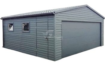 Blechgarage 6x6m - Sektionaltor - Tür - 2x PVC Kippfenster - Anthrazit - Dachrinnen - Metalldachziegel - Satteldach ID667