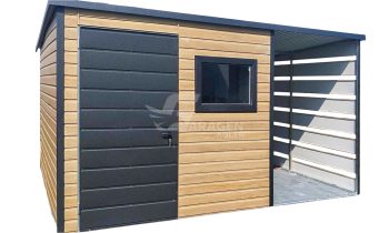 Gartenhaus - Gartenschuppen 2,5x2,5m + Überdachung 1,2m - Tür - PVC Kippfenster - Winchester - Holzoptik - Flachdach | ID669 |