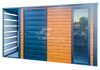 Gartenhaus - Gartenschuppen 3x3m + Überdachung 0,7m - Tür - PVC Kippfenster - Anthrazit - Flachdach | GP418 |