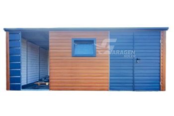 Gartenhaus - Gartenschuppen 4x2,5m + Überdachung 1,5m - Tür - PVC Kippfenster - Goldene Eiche - Holzoptik - Flachdach | ID556 |