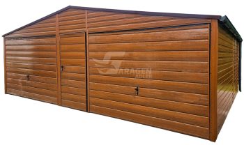 Blechgarage 7x6m - 2x Schwingtor - Tür - Holzoptik - PVC Kippfenster - Dachrinnen - Satteldach | GP598 |