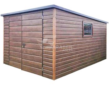 Blechgarage 4x5m - Zweiflügeliges Tor - PVC Kippfenster - Dunkles Walnussholz - Holzoptik - Flachdach | ID660 |