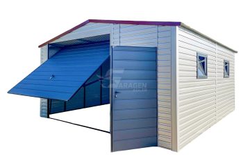 Blechgarage 5x6m - Schwingtor - Tür - 2x PVC Kippfenster - Silber - Kirsche - Anthrazit - Satteldach GP416
