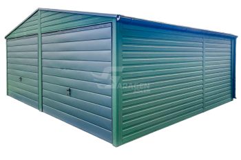 Blechgarage 6x6m - 2x Schwingtor - Grün - Anthrazit - Dachrinnen - Satteldach | GP414 |