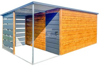 Gartenhaus - Gartenschuppen 4,5x3m + Überdachung 1,5m - Tür - Helles Walnussholz - Holzoptik - Anthrazit - Flachdach | ID653 |