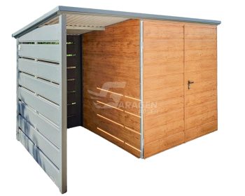 Gartenhaus - Gartenschuppen 2x2m + Überdachung 1,2m - Zweiflügeliges Tor - Helles Walnussholz - Holzoptik - Anthrazit - Flachdach | ID647 |