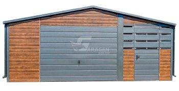 Blechgarage 4,5x6m + Überdachung 2m - 2x Tür - PVC Kippfenster - Dachrinnen - Dunkles Walnussholz - Holzoptik - Anthrazit - Satteldach ID652