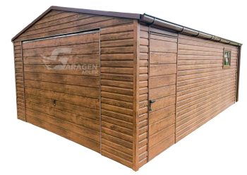 Blechgarage 4x6m Horizontal Blech - Dunkles Walnussholz Holzoptik Schwingtor | ID79 |