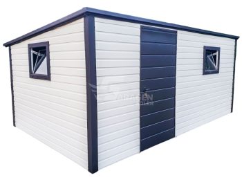 Gartenhaus - Gartenschuppen 5x3,5m - Tür - 2x PVC Kippfenster - Weiß - Schwarz - Flachdach | ID639 |