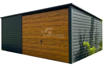 Blechgarage 5x5m - Schwingtor - Anthrazit - Holzoptik - Flachdach | GP590 |