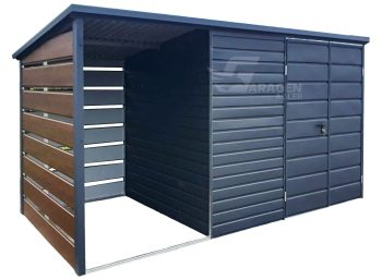 Gartenhaus - Gartenschuppen 3x2m + Überdachung 1,5m - Zweiflügeliges Tor - Anthrazit - Dunkles Walnussholz - Holzoptik - Flachdach | ID633 |