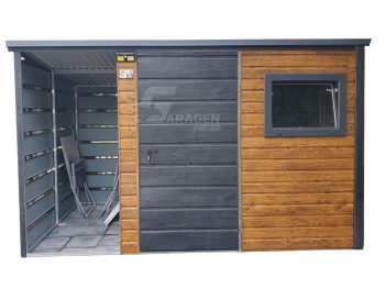 Gartenhaus - Gartenschuppen 2,5x2,5m + Überdachung 1m - Tür - PVC Kippfenster - Norwegische Kiefer - Helles Walnussholz - Holzoptik - Flachdach | ID630 |