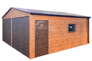 Blechgarage 6x6m - 2x Schwingtor - 2x PVC Kippfenster - Tür - Helles Walnussholz - Dunkles Walnussholz - Holzoptik - Dachrinnen - Satteldach | ID623 |